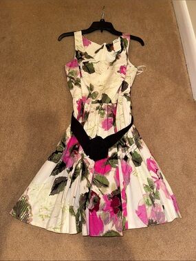 Elle White Floral Fit-and-Flare Dress with Pink and Green Accents